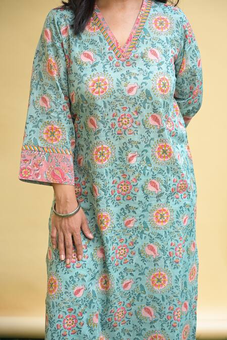 Pants And Pajamas_Blue Cotton Printed Floral V Neck Adria Kurta_Online_at_Aza_Fashions