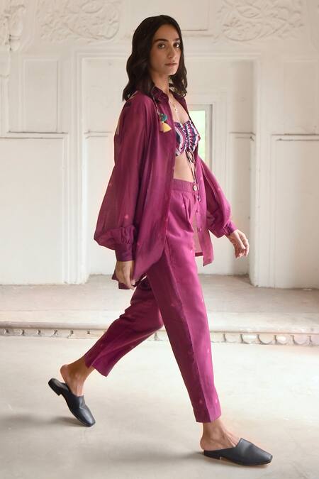 Shop_Taro_Red Chanderi Silk Embroidery Collared, Mahogany Printed Shirt Pant Set _Online_at_Aza_Fashions