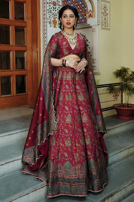Shop_Safaa_Red Velvet, Silk Embroidery V-neck The Zaira Garden Woven Bridal Lehenga Set _Online_at_Aza_Fashions