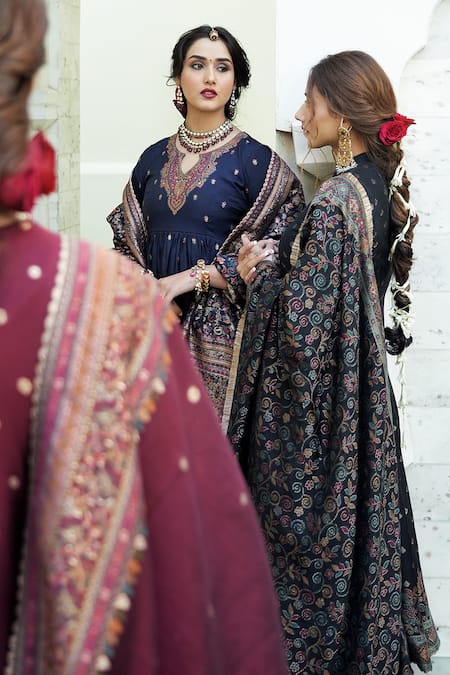 Safaa_Blue Vegan Silk Lining Shantoon Woven Floral Motifs The Shaima Anarkali Set _at_Aza_Fashions