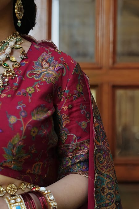 Safaa_Red Velvet, Silk Embroidery V-neck The Zaira Garden Woven Bridal Lehenga Set _at_Aza_Fashions