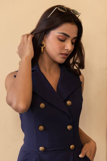 B'Infinite_Blue Crepe Lapel Collar Sleeveless Blazer Jumpsuit_at_Aza_Fashions