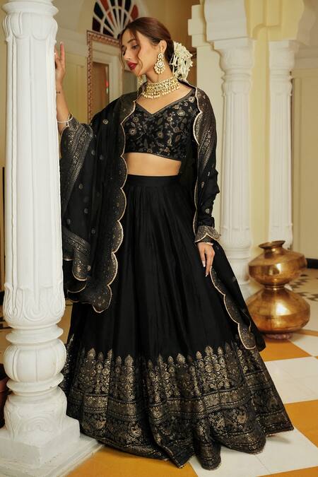 Safaa_Black Velvet, Silk, Velour Embroidery V-neck The Hoorain Lehenga Set _at_Aza_Fashions
