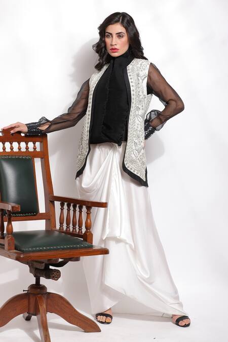 Sonali Gupta_Black 25% Silk Hand Embroidered Zari Jacket Open Draped Skirt Set  _Online_at_Aza_Fashions