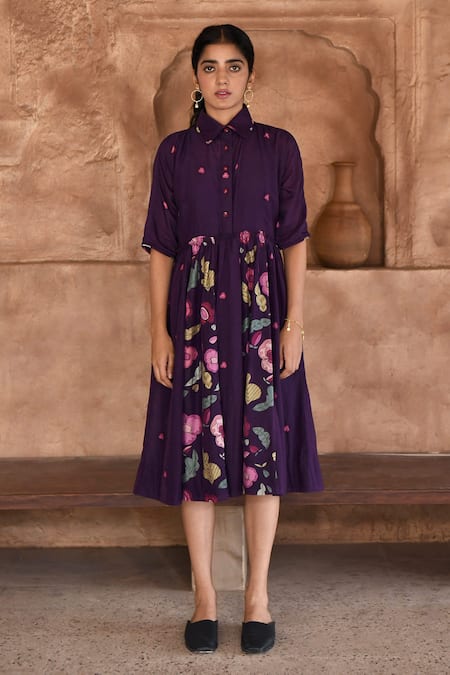 Taro_Purple Chanderi Silk Embroidery Collared Mulberry Flower Print Shirt Dress _Online_at_Aza_Fashions