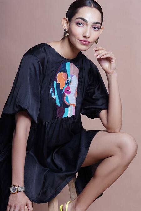 Shop_Ekastories_Black Cotton Embroidery Round Neck Giant Granadilla Billowy Waist Hem Dress _Online_at_Aza_Fashions