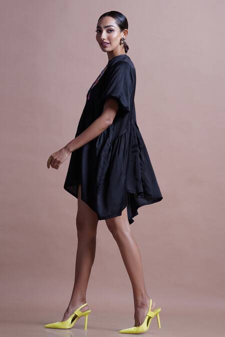 Buy_Ekastories_Black Cotton Embroidery Round Neck Giant Granadilla Billowy Waist Hem Dress _Online_at_Aza_Fashions
