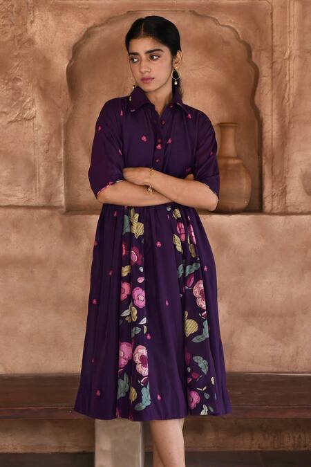 Buy_Taro_Purple Chanderi Silk Embroidery Collared Mulberry Flower Print Shirt Dress _Online_at_Aza_Fashions