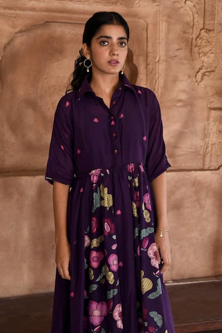 Shop_Taro_Purple Chanderi Silk Embroidery Collared Mulberry Flower Print Shirt Dress _Online_at_Aza_Fashions