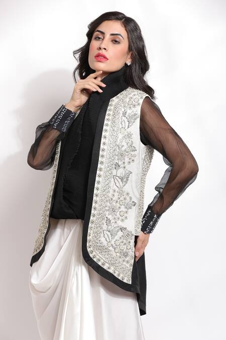 Buy_Sonali Gupta_Black 25% Silk Hand Embroidered Zari Jacket Open Draped Skirt Set  _Online_at_Aza_Fashions