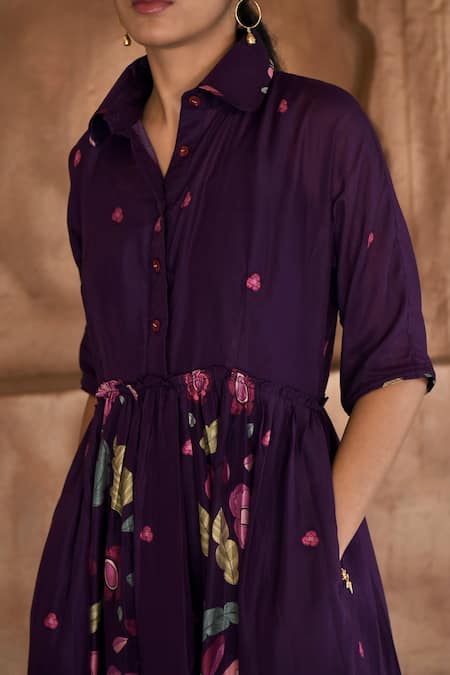 Taro_Purple Chanderi Silk Embroidery Collared Mulberry Flower Print Shirt Dress _at_Aza_Fashions