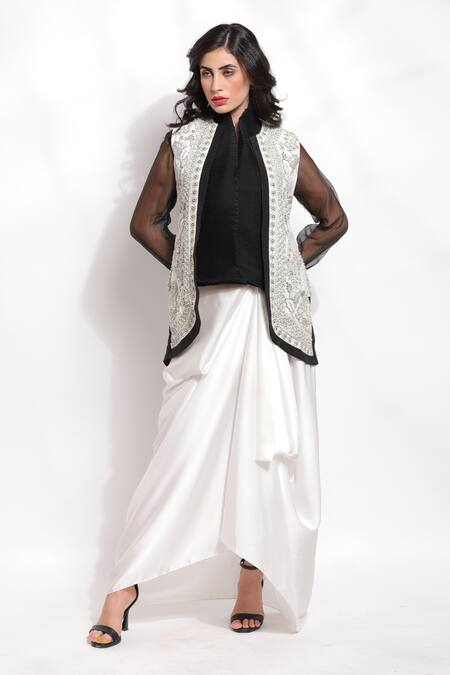 Shop_Sonali Gupta_Black 25% Silk Hand Embroidered Zari Jacket Open Draped Skirt Set  _Online_at_Aza_Fashions