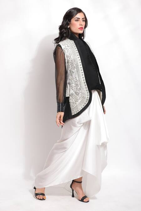 Sonali Gupta_Black 25% Silk Hand Embroidered Zari Jacket Open Draped Skirt Set  _at_Aza_Fashions
