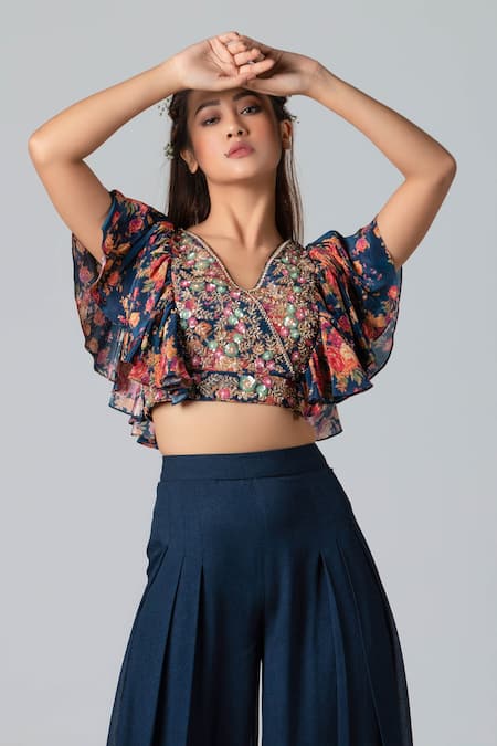 Suruchi Parakh_Blue And Georgette Beads & Thread, Cutdana, Crop Top & Flared Pant Set _Online_at_Aza_Fashions