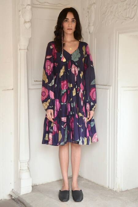 Buy_Taro_Blue Chanderi Silk Embroidery V-neck Oxford Flower Print Dress _Online_at_Aza_Fashions