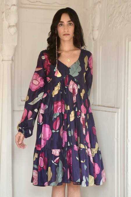 Shop_Taro_Blue Chanderi Silk Embroidery V-neck Oxford Flower Print Dress _Online_at_Aza_Fashions