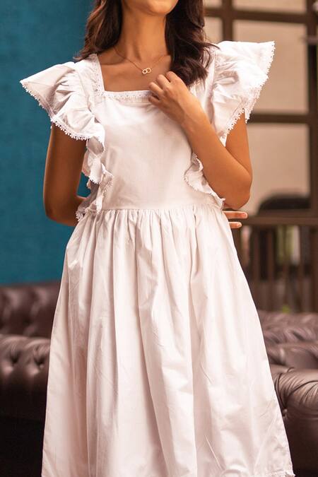 B'Infinite_White Cotton Floral Lace Square Neck Flutter Sleeve Detail Dress_Online_at_Aza_Fashions