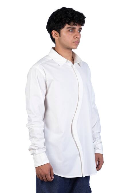 Buy_Theorem_White Cotton Meander Curved Placket Shirt _Online_at_Aza_Fashions