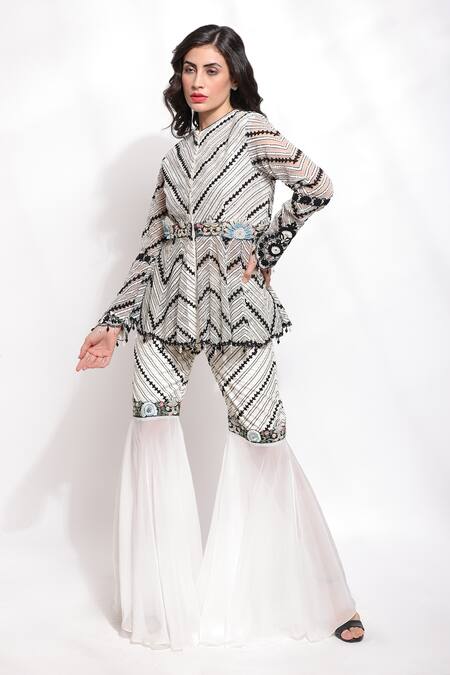 Buy_Sonali Gupta_White Silk Hand Embroidered Dori Round Neck Peplum Kurta And Sharara Set  _Online_at_Aza_Fashions