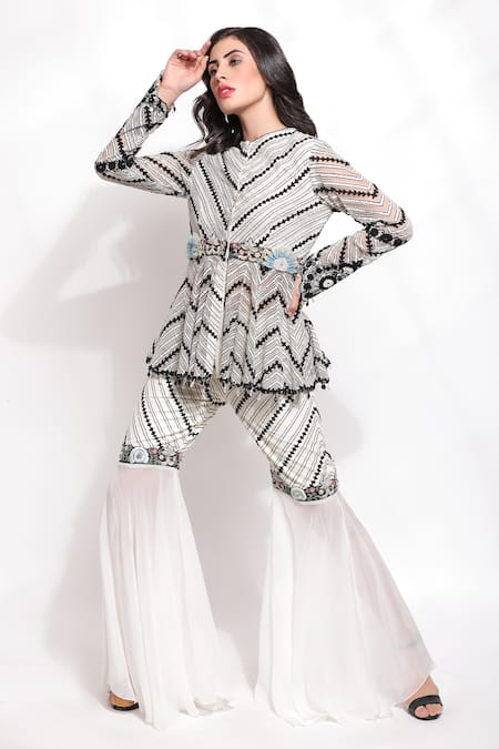 Shop_Sonali Gupta_White Silk Hand Embroidered Dori Round Neck Peplum Kurta And Sharara Set  _Online_at_Aza_Fashions