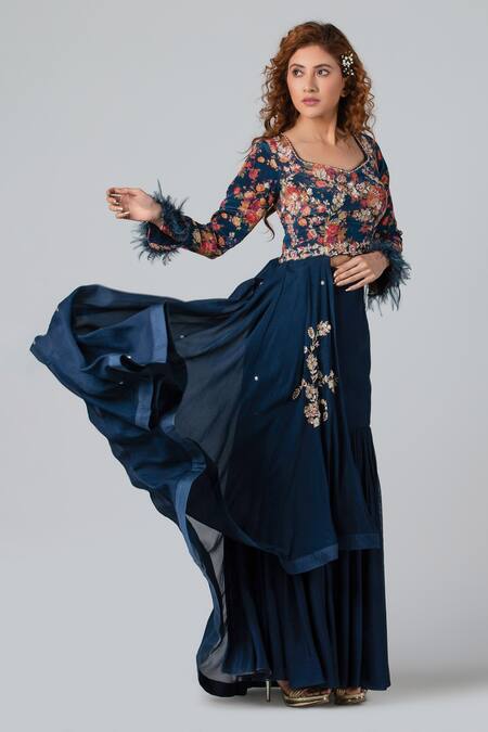 Suruchi Parakh_Blue And Georgette Beads & Thread, Asymmetric Hem Tunic & Skirt Set _Online_at_Aza_Fashions