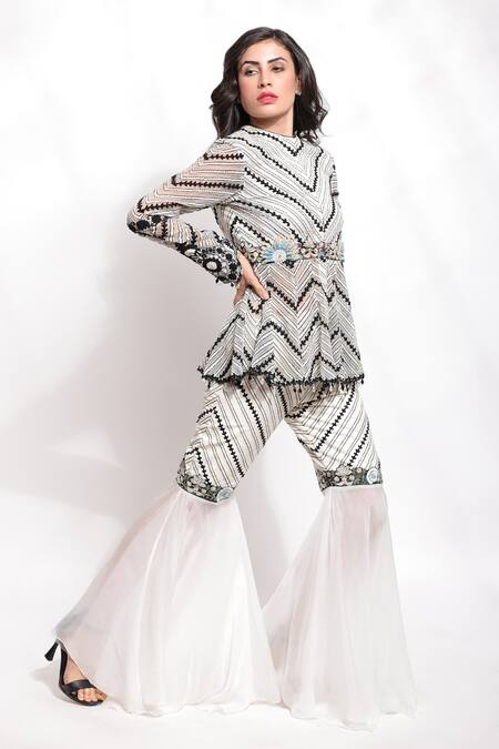 Sonali Gupta_White Silk Hand Embroidered Dori Round Neck Peplum Kurta And Sharara Set  _at_Aza_Fashions