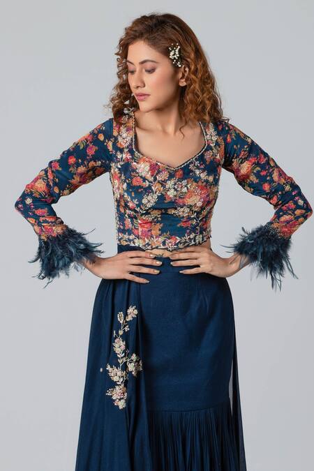 Buy_Suruchi Parakh_Blue And Georgette Beads & Thread, Asymmetric Hem Tunic & Skirt Set _Online_at_Aza_Fashions