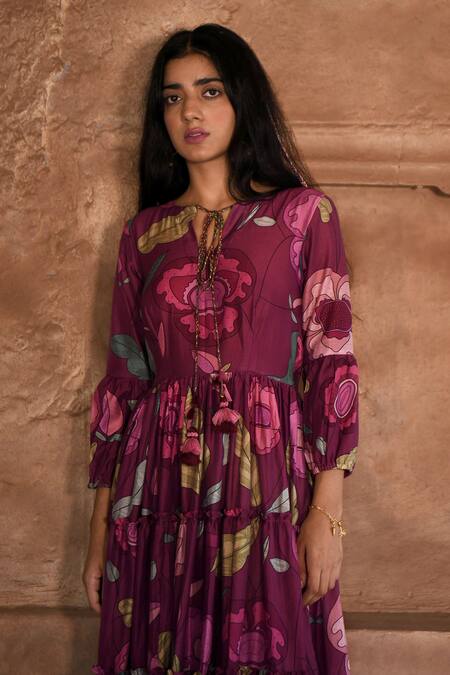 Buy_Taro_Wine Chanderi Silk Split V-neck Plum Garden Floral Print Maxi Dress _Online_at_Aza_Fashions