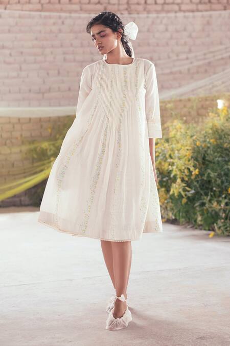 Shop_Itr By Khyati Pande_Off White Handloom Cotton Lace Round Neck Periwinkle Hand Block Print Dress_Online_at_Aza_Fashions