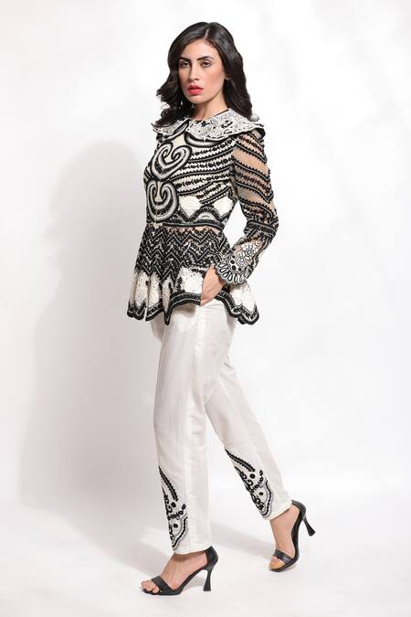 Buy_Sonali Gupta_Off White 25% Silk Hand Embroidered Dori Work Peplum Kurta And Pant Set  _Online_at_Aza_Fashions