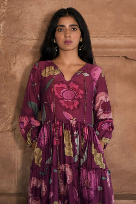 Taro_Wine Chanderi Silk Split V-neck Plum Garden Floral Print Maxi Dress _at_Aza_Fashions