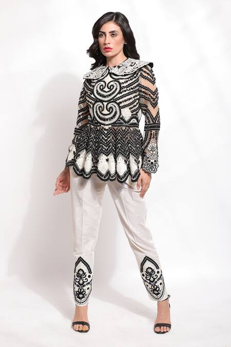 Shop_Sonali Gupta_Off White 25% Silk Hand Embroidered Dori Work Peplum Kurta And Pant Set  _Online_at_Aza_Fashions