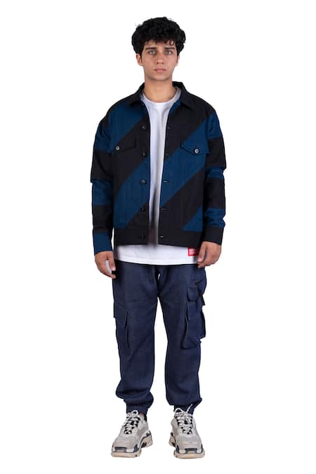 Theorem_Blue Cotton Diagonal Striped Jacket _Online_at_Aza_Fashions