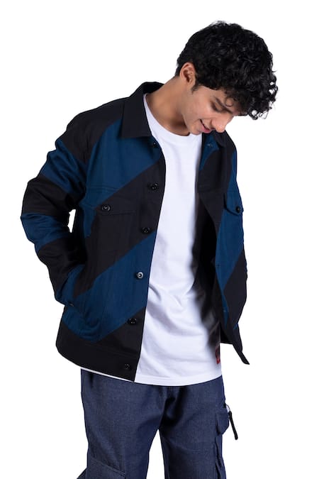 Shop_Theorem_Blue Cotton Diagonal Striped Jacket _Online_at_Aza_Fashions