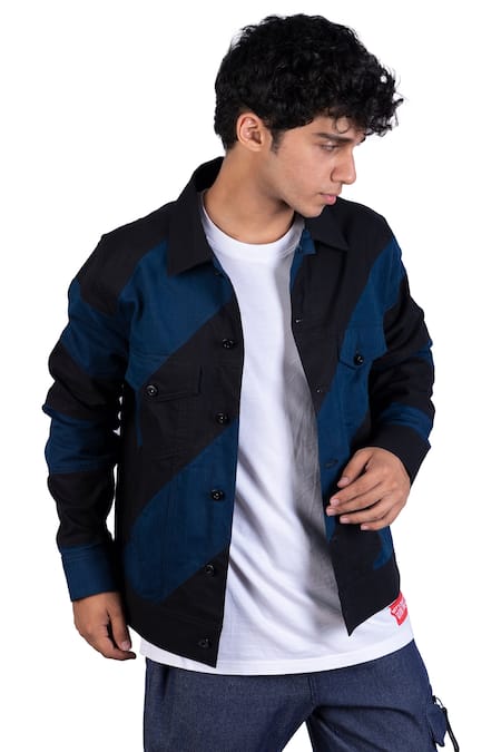 Theorem_Blue Cotton Diagonal Striped Jacket _at_Aza_Fashions