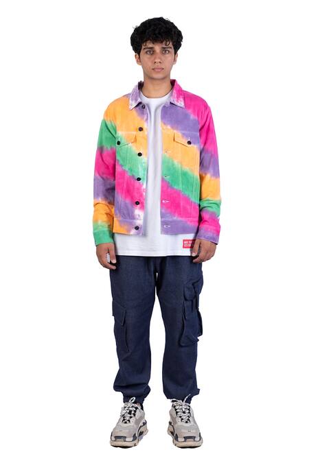 Theorem_Multi Color Cotton Rainbow Diagonal Stripe Tie Dye Jacket _Online_at_Aza_Fashions