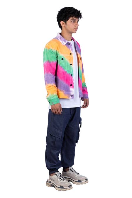 Buy_Theorem_Multi Color Cotton Rainbow Diagonal Stripe Tie Dye Jacket _Online_at_Aza_Fashions