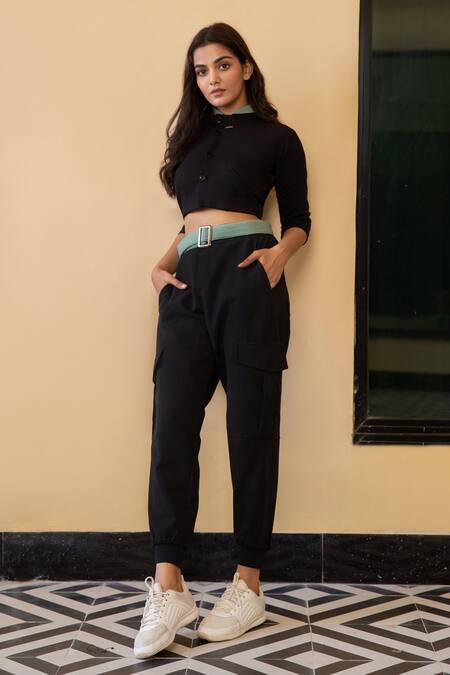 Shop_B'Infinite_Black Crepe Collared Neck Crop Top And Joggers Set_Online_at_Aza_Fashions