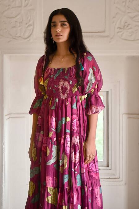 Taro_Wine Chanderi Silk Square Neck Ruby Berry Floral Print Dress _Online_at_Aza_Fashions