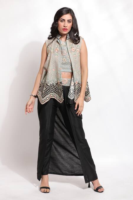 Buy_Sonali Gupta_Green Silk Hand Embroidered Zari Jacket Stand Floral Jaal Pant Set  _Online_at_Aza_Fashions