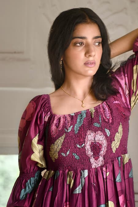 Buy_Taro_Wine Chanderi Silk Square Neck Ruby Berry Floral Print Dress _Online_at_Aza_Fashions