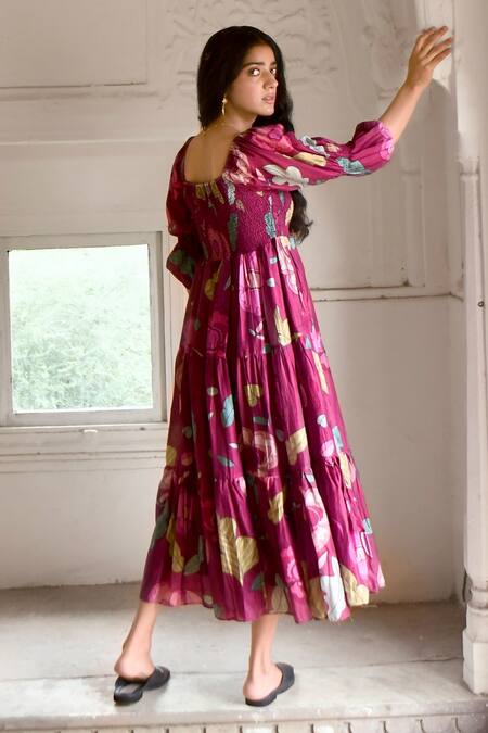 Shop_Taro_Wine Chanderi Silk Square Neck Ruby Berry Floral Print Dress _Online_at_Aza_Fashions