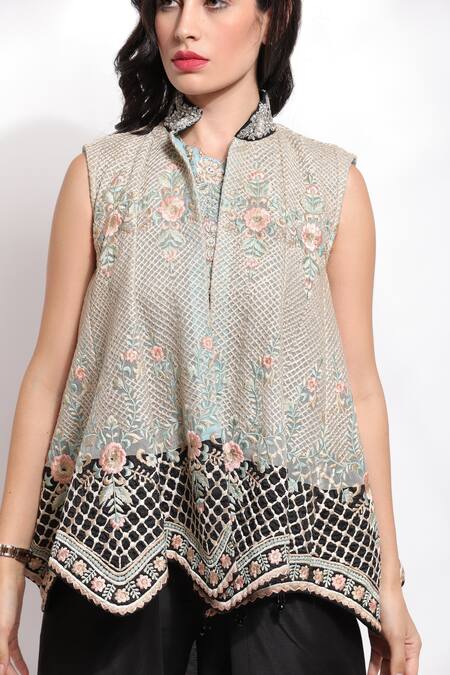 Shop_Sonali Gupta_Green Silk Hand Embroidered Zari Jacket Stand Floral Jaal Pant Set  _Online_at_Aza_Fashions