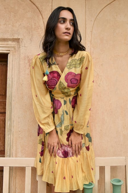 Buy_Taro_Yellow Chanderi Silk V-neck Sandalwood Floral Print Dress _Online_at_Aza_Fashions
