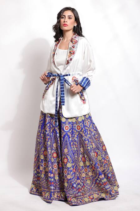 Sonali Gupta_Blue 25% Silk Hand Embroidered Resham Jacket Lapel Lehenga Set  _Online_at_Aza_Fashions