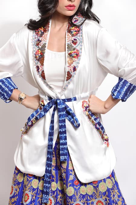 Buy_Sonali Gupta_Blue 25% Silk Hand Embroidered Resham Jacket Lapel Lehenga Set  _Online_at_Aza_Fashions