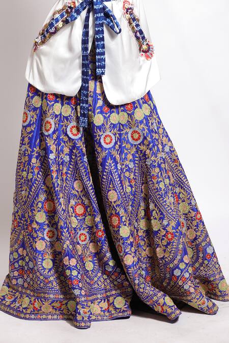Shop_Sonali Gupta_Blue 25% Silk Hand Embroidered Resham Jacket Lapel Lehenga Set  _Online_at_Aza_Fashions