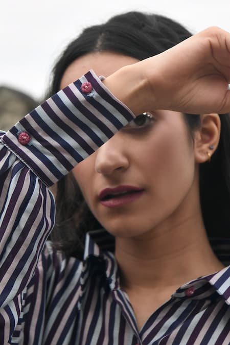 Taro_Blue Chanderi Silk Collared Sunday Brunch Printed Shirt Dress _Online_at_Aza_Fashions