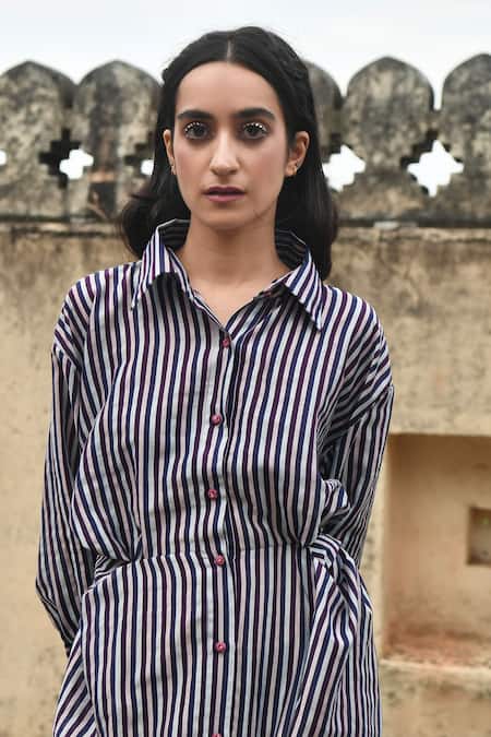 Buy_Taro_Blue Chanderi Silk Collared Sunday Brunch Printed Shirt Dress _Online_at_Aza_Fashions