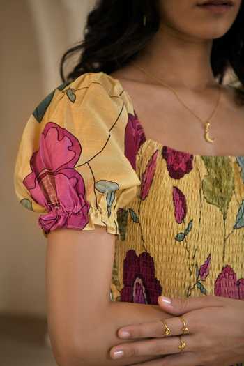 Taro_Yellow Chanderi Silk Square Neck Sunshine Bloom Flower Print Dress _Online_at_Aza_Fashions